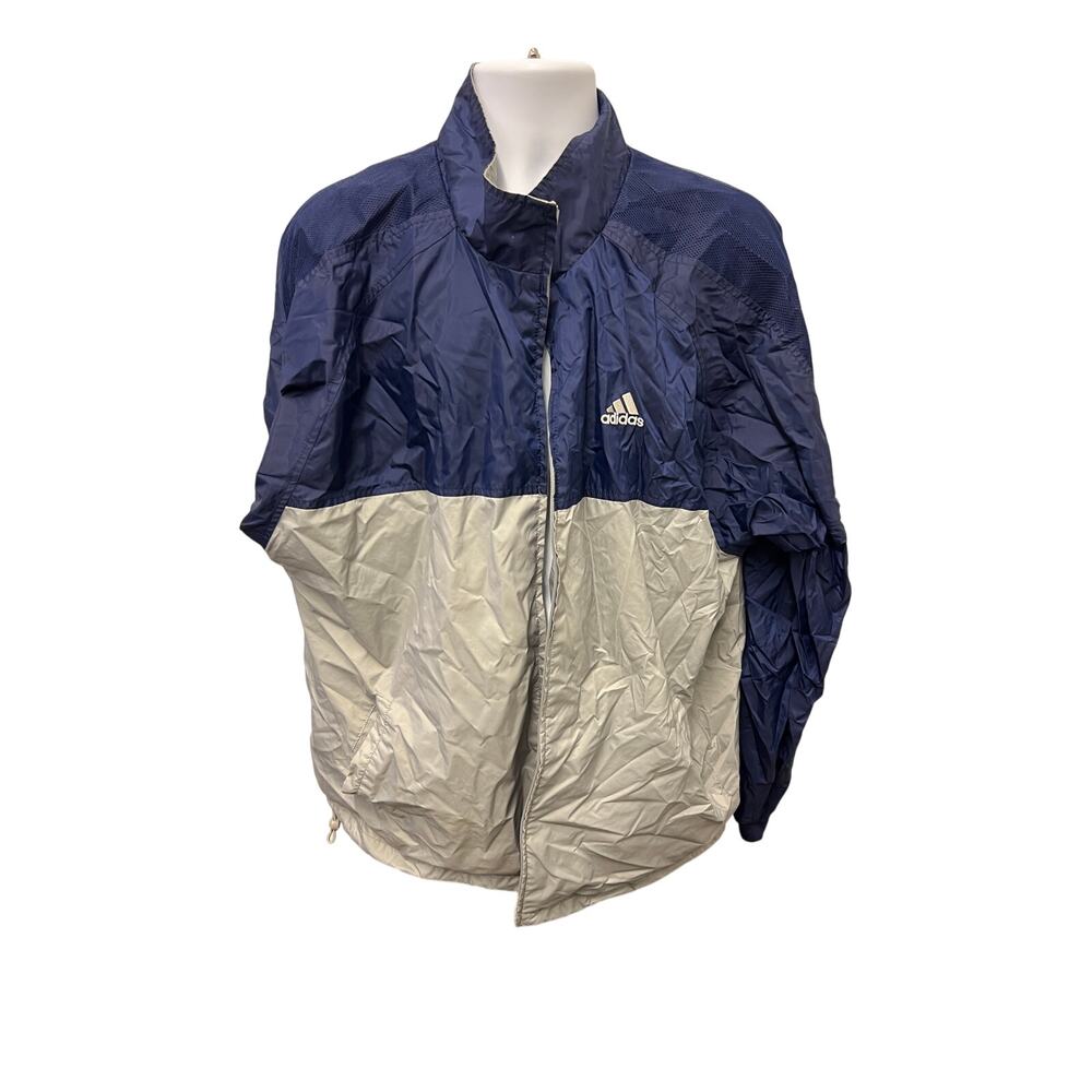 Adidas 2XL Navy Silver Windbreaker Jacket – Retro 90s Sport Shell Zip Up- FLAW